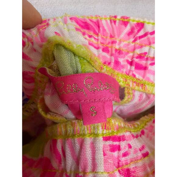Lilly Pulitzer S Linen Shorts Neon Lime Green Floral Print Stretchy Waist Comfy - Picture 5 of 6